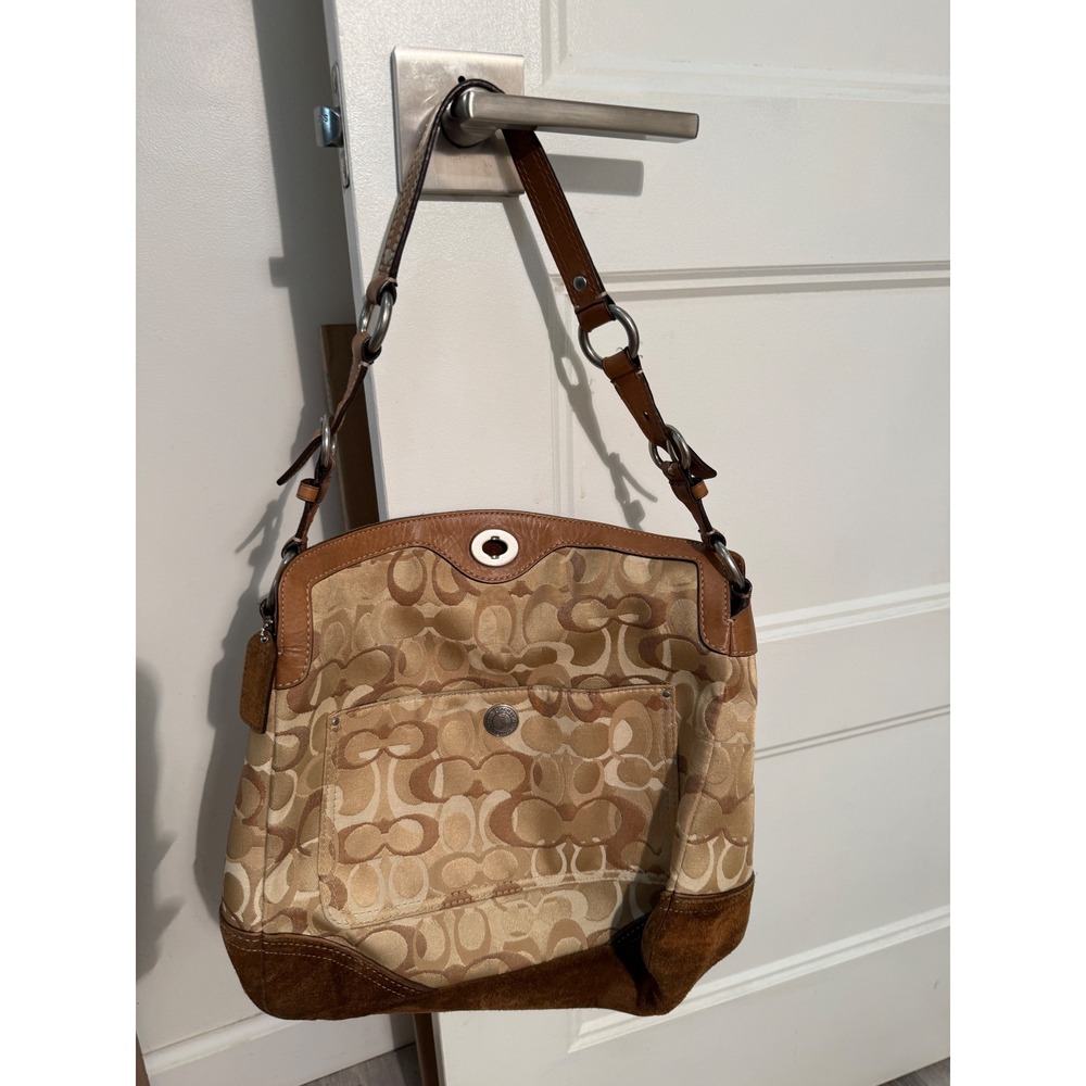 Coach Chelsea Hobo Bag Vintage Signature Canvas Suede 10143 Brown Trim Turnlock